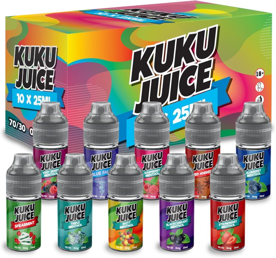 Kuku Juice E Liquid Menthol Pack: 10 Refreshing Flavors in 30ml Bottles with 25ml fill